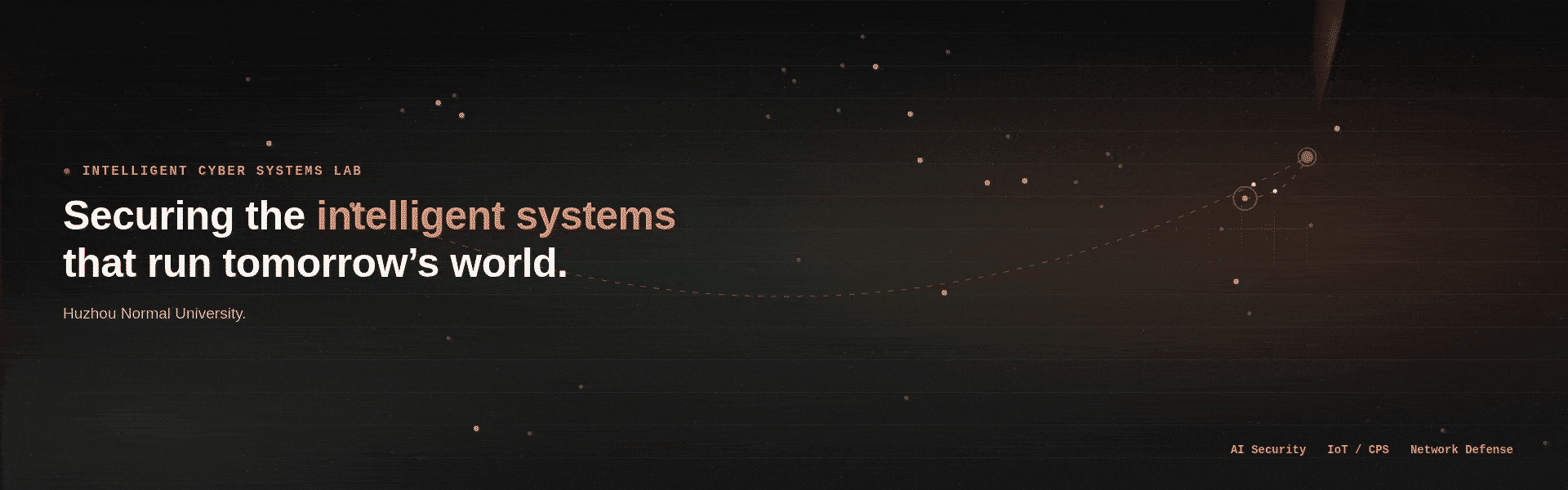 Animated global threat-monitoring map centered on Huzhou, China. Decorative banner for the Intelligent Cyber Systems Lab.